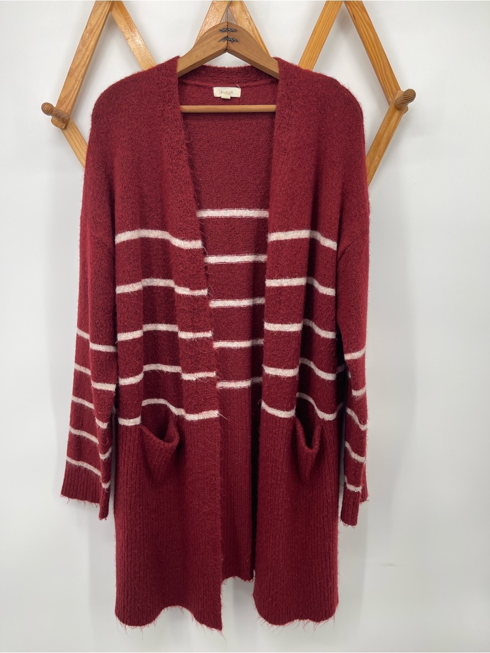 debut Oversized Burgundy Striped Open-Front Cardigan with Cream Bands, Pockets